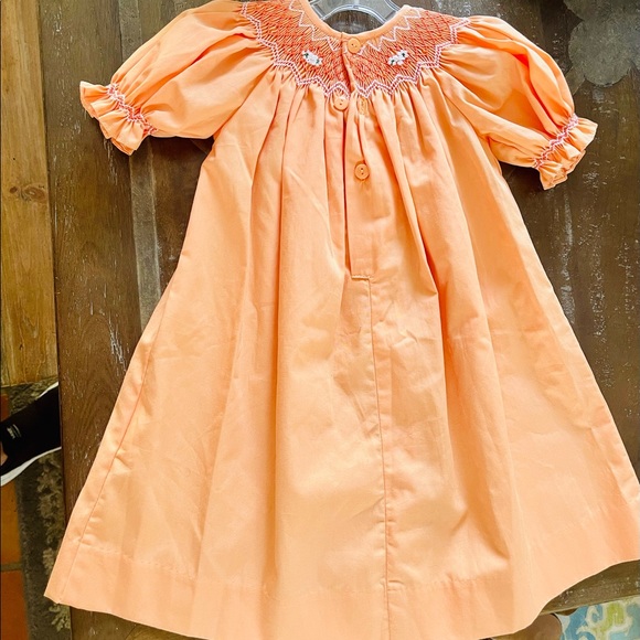 Tangerine Bishop Dress:Smocked Flowers & Pearls 6M - Picture 2 of 8